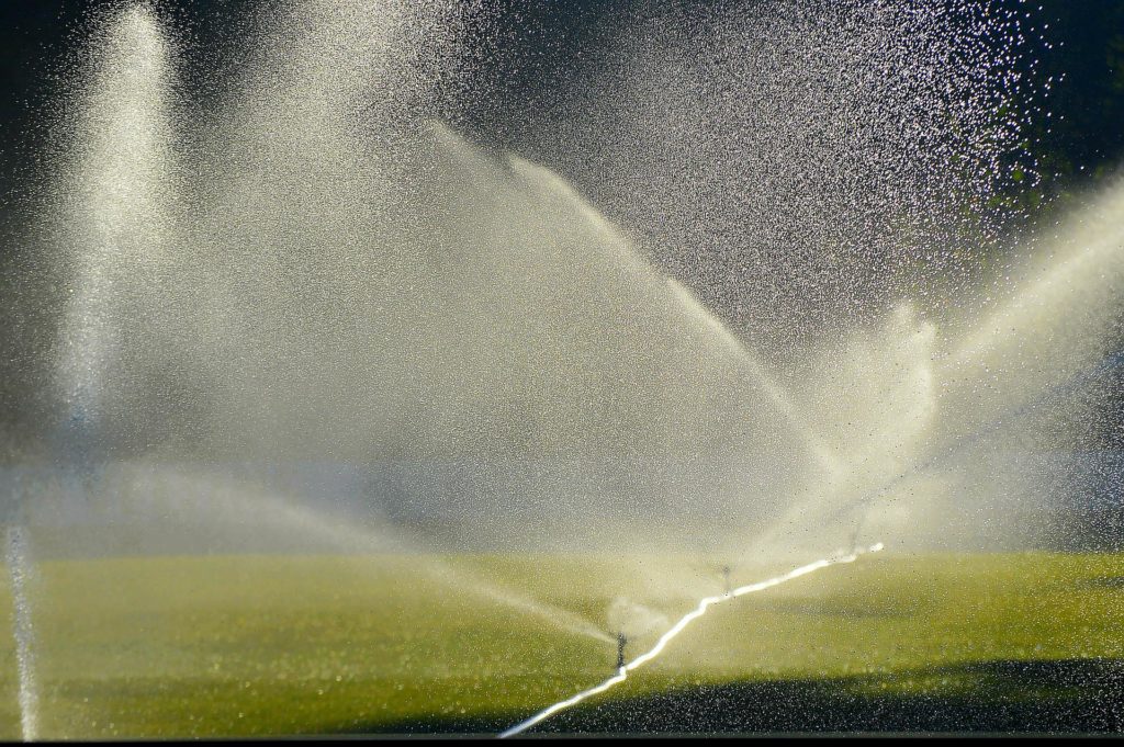 Irrigation sprinklers watering a lawn